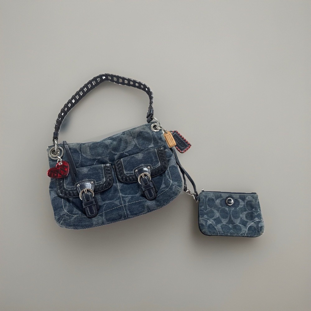 Vintage Y2K Coach Poppy Denim Buckle Pocket Shoulder Bag 18990 Hobo W/ Wristlet